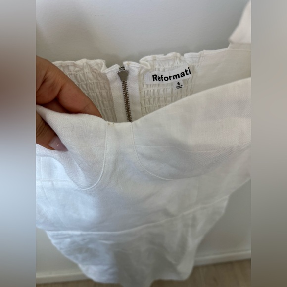 Reformation White Linen Puff Sleeve Mini Dress Size 6 Tie Shoulder Bustier $248 - Picture 4 of 8